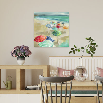 «Umbrella Beach I», art mural côtier serein contemporain coloré
