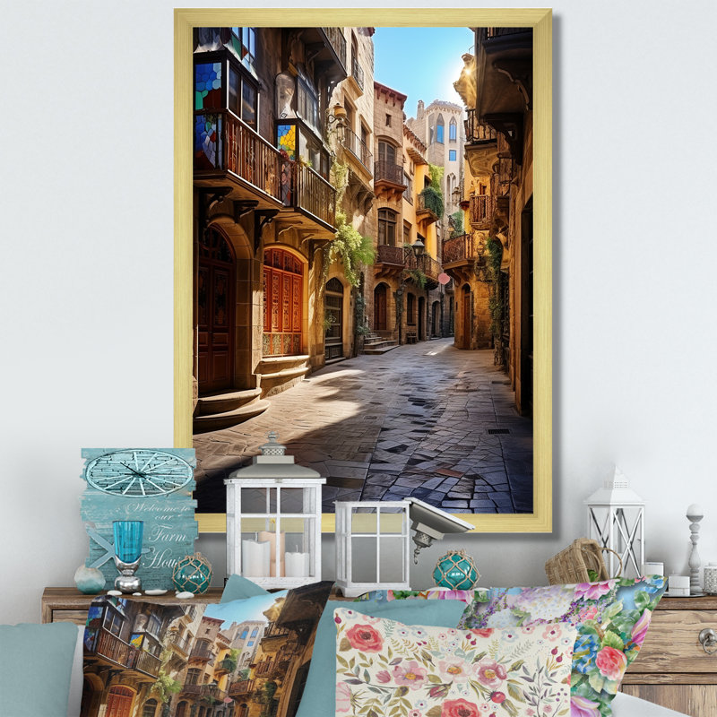 Espagne, quartier gothique de Barcelone, art mural sur toile Cityscapes, Encadrement doré, H 32 po x l 24 po x P 1 po