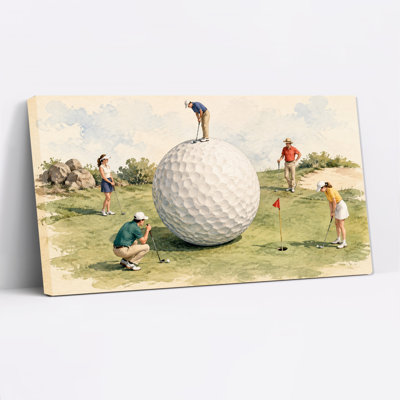 Golfers Playing Around Giant White Golf Ball Canvas Wall Art