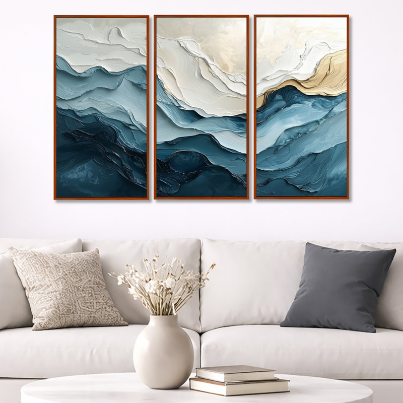 Ensemble 2 pièces d'art mural «White and Blue Marble Wave II», Toile avec cadre flottant brun, H 32 po x l 48 po x P 1 po