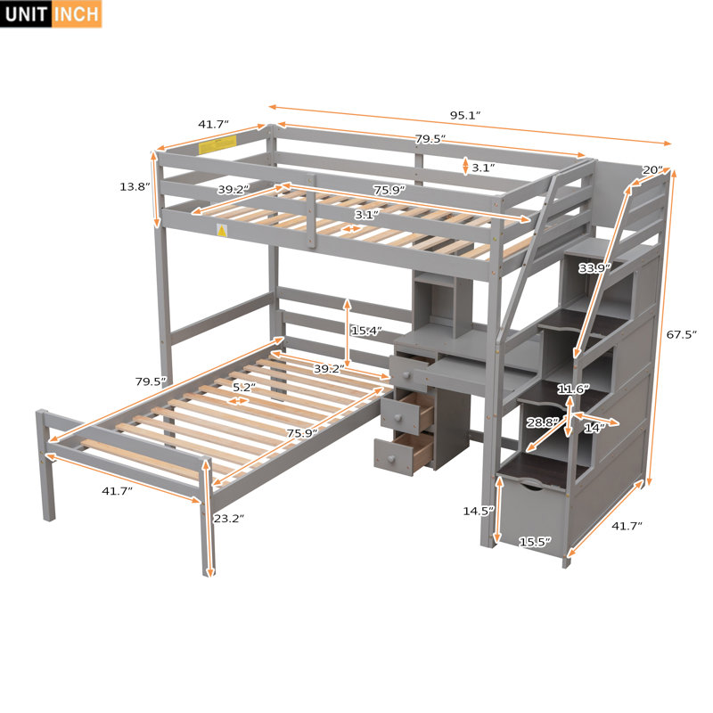 Twin Size Loft Bed With A Stand-Alone Bed, Storage Staircase, Desk, Shelves And Drawers, Gray, Gris