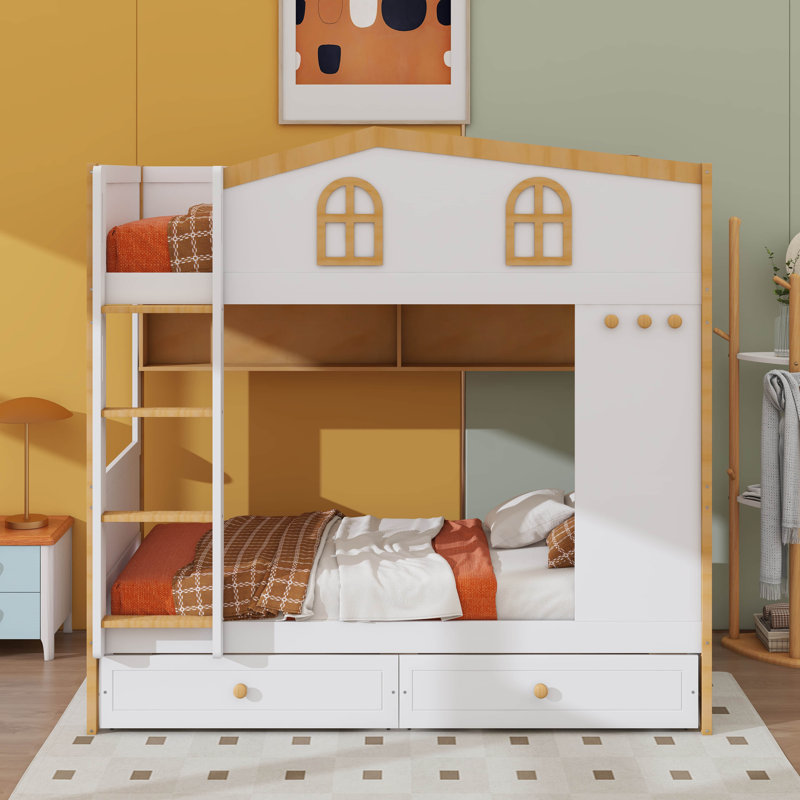 Lit superposé House avec tablettes de rangement et 2 tiroirs, structure de lit mezzanine en bois massif avec garde-corps