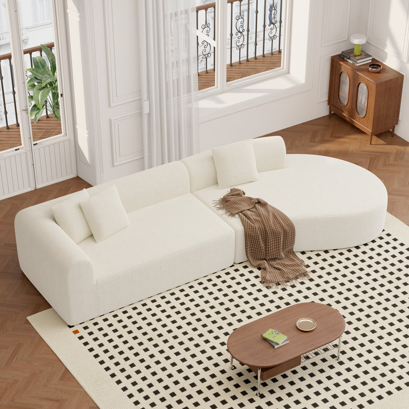 Boneless Modern Style Curved Sofa, Upholstery Corduroy Sofa Couch with 3 Pillows, Oversized Sleek Curved Sectional Boucle Fabric Couch for Living Room