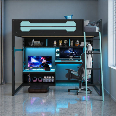 Full Size Wood Loft Bed With Desk, Shelves, LED Lights, USB Ports And Pegboard