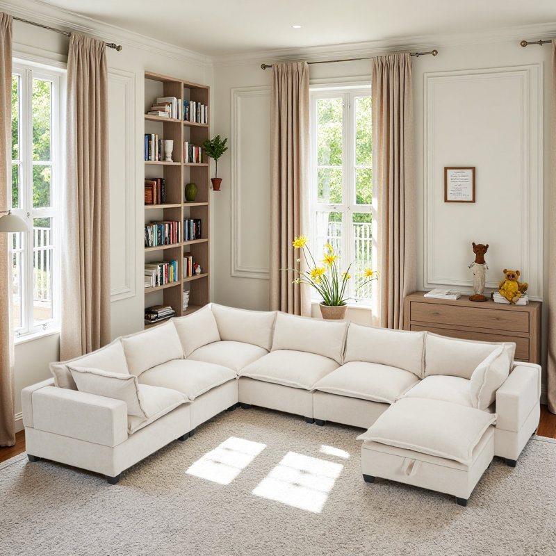 Canapé modulaire de 118 po avec repose-pieds de rangement mobile, canapé 7 places en forme de U, siège large et combinaison libre, canapé en chenille surdimensionné pour le salon et l’appartement