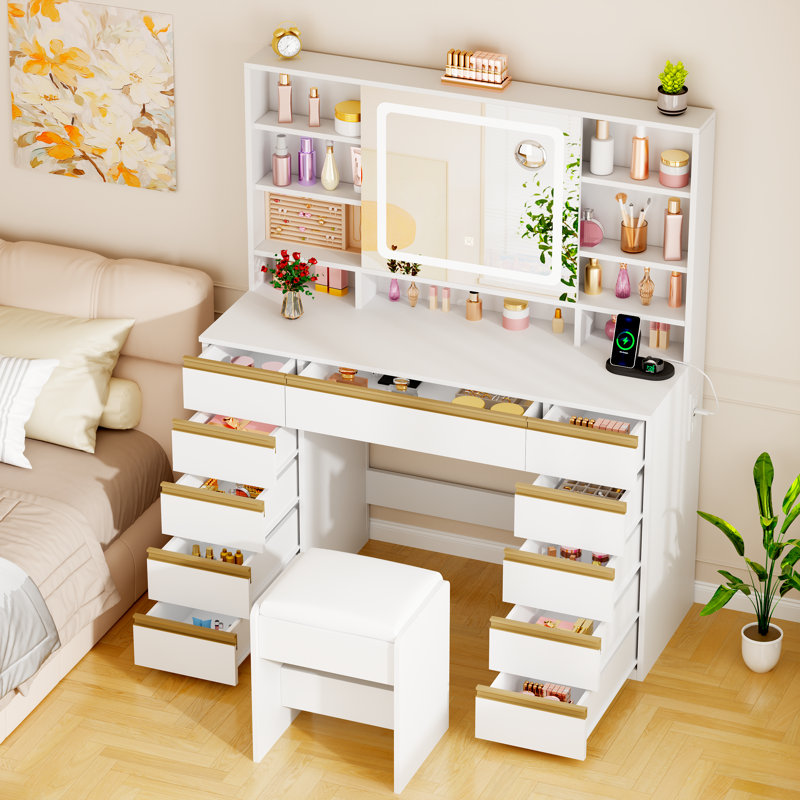 Adriel 43.3" Makeup Vanity Desk With Sliding Mirror & LED Lights, Power Outlet, Detachable Jewelry Box, 11 Drawers