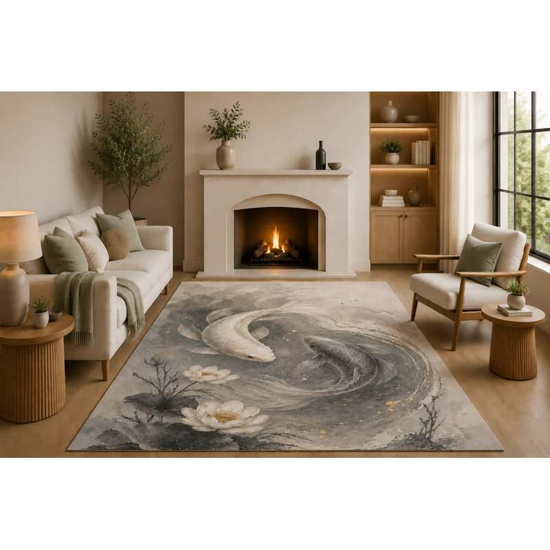 Tapis Yin Yang Koi ultra-léger 152 x 213 cm avec envers antidérapant en silicone, doux et à poils courts, idéal pour le salon ou la chambre à coucher, style zen japonais.