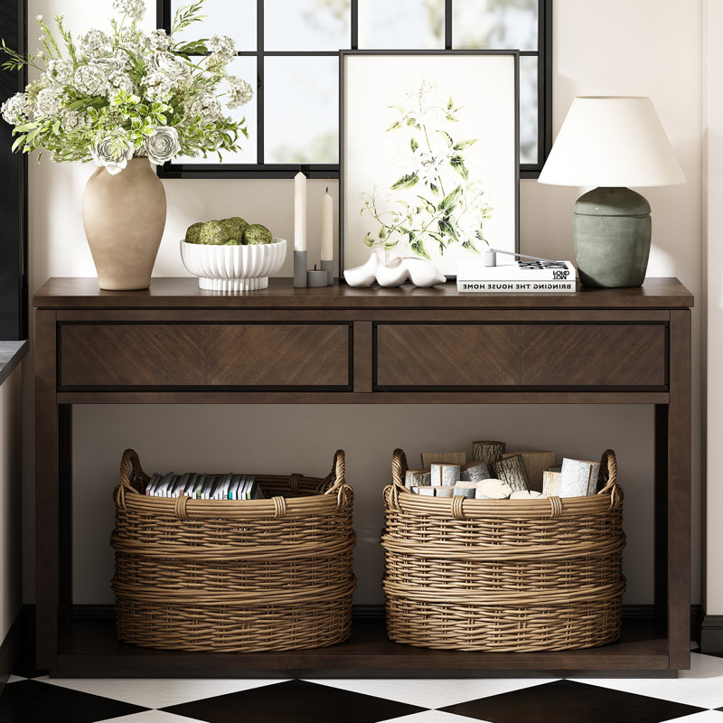 55" Console Table, Rustic Wooden Entryway Table With Storage Drawers And Open Shelf, Elegant Sofa Table For Hallway And Living Room