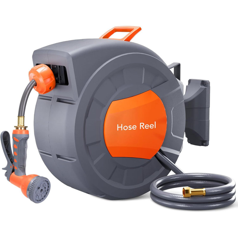 Garden Hose Reel, 1/2 In X 100 Ft Wall Mounted Retractable Water Hose Reel With 9 Function Sprayer Nozzle, Any Length Lock, 180° Swivel Bracket, Automatic Rewind And Slow Return System