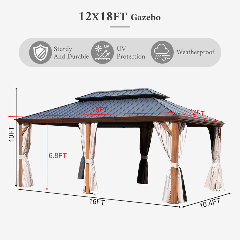 12x18FT Outdoor Hardtop Gazebo With Galvanized Steel Double Roof, Wood Grain Aluminum Frame, 120" H x 144" W x 216" D