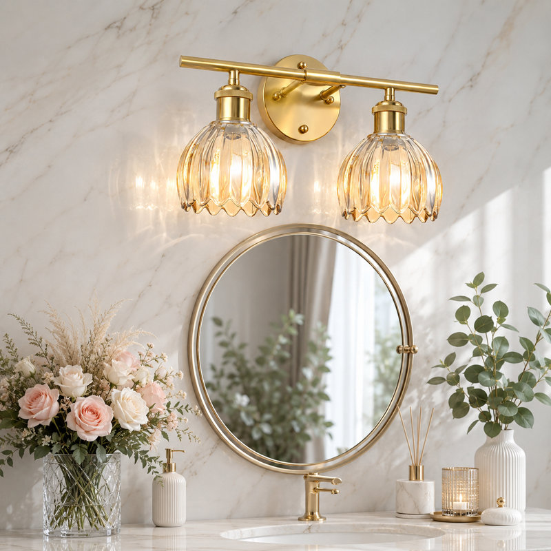 2-Light Vanity Light With Amber Tulip Glass Shades, Modern Bathroom Wall Lighting For Bedroom, Kitchen, Living Room, 2 Lights