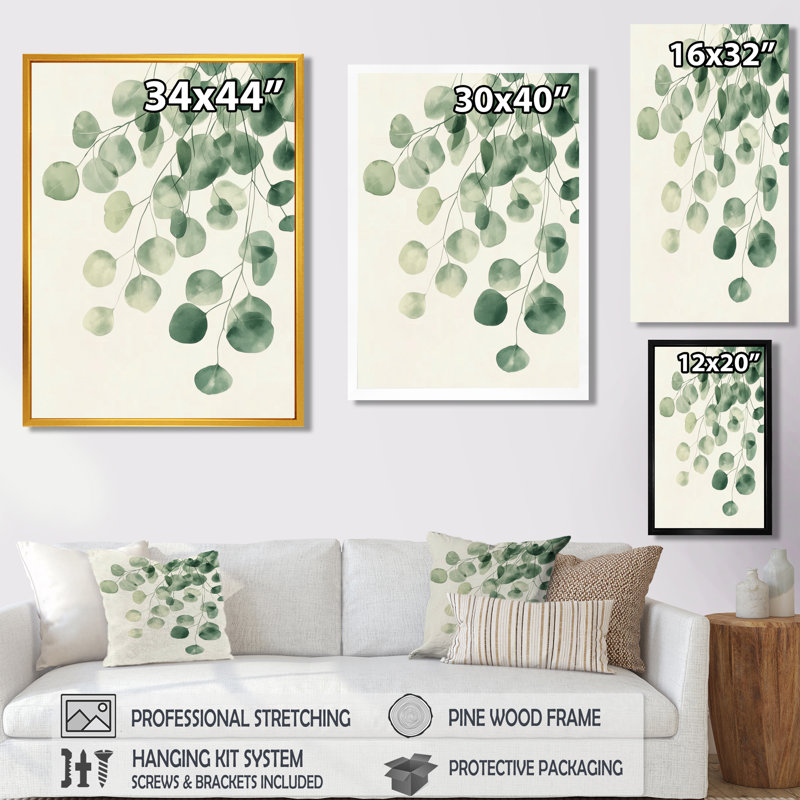 Art sur toile encadré Minimal Eucalyptus Veil II - Green Greenery, H 32 po x l 24 po, Cadre flottant blanc