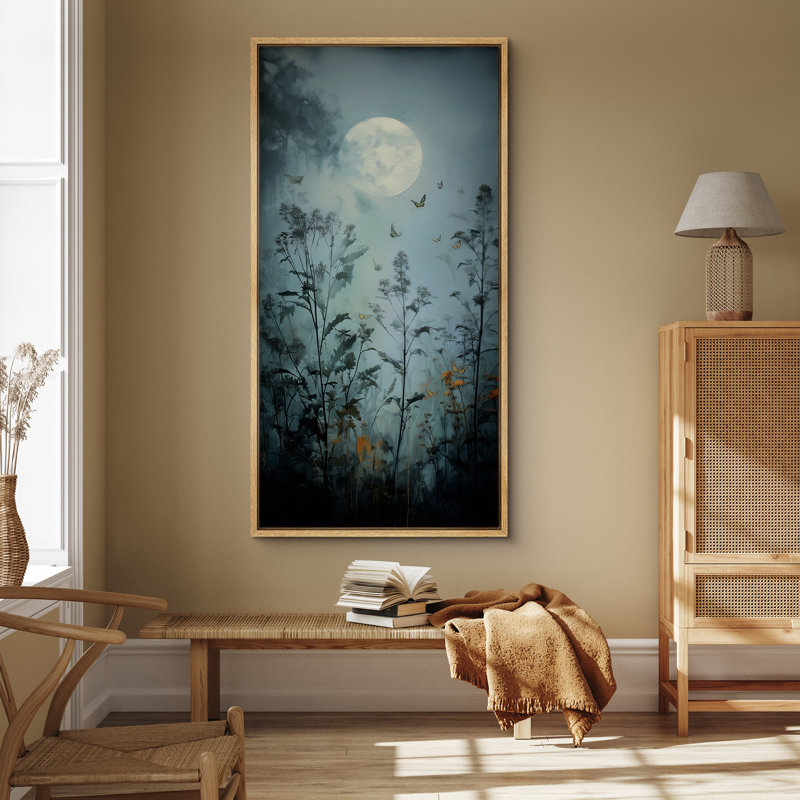 «Moonlit Garden with Fireflies and Blossoms» - Reproduction d'art encadrée sur toile encadrée, H 60 po x l 30 po x P 1,5 po
