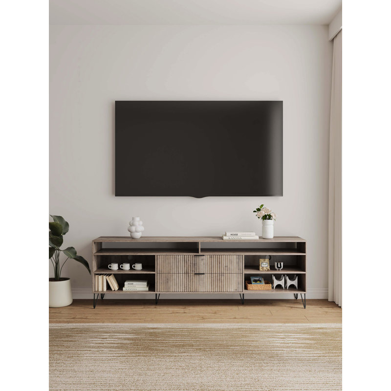 Dumbo 85" Fluted TV Stand In Rustic Gray, Gray/Black, 26.77"H x 85"L x 17.99"W