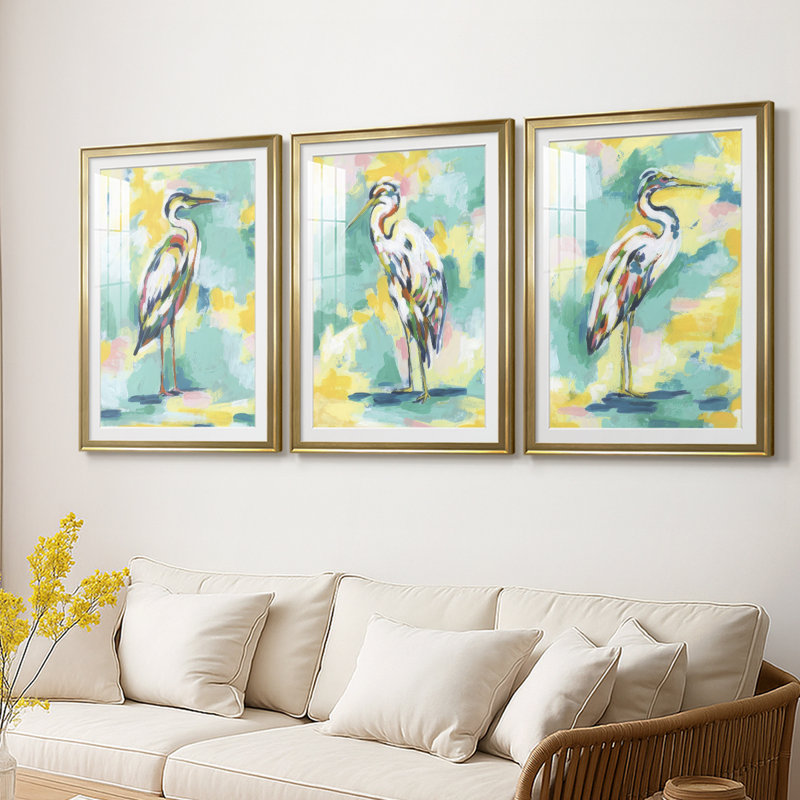 Bright Heron Fresco I - reproduction sur mesure encadrée de qualité supérieure - 3 pièces
