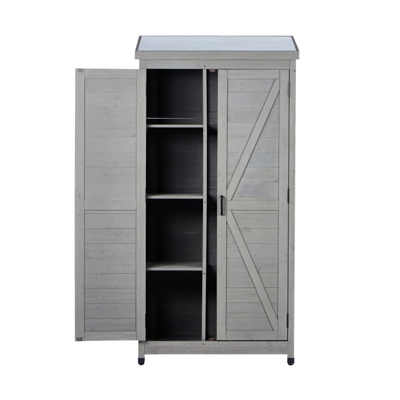 Outdoor Wooden Storage With Metal Top And 3 - Tier Shelving For Garden, Patio & Lawn Storage. 33"L X 18.5"W 68"H Gray Coated Wood In Design. Quick Assembly Vertical Shed Shelves. Lawn. Look. Setup