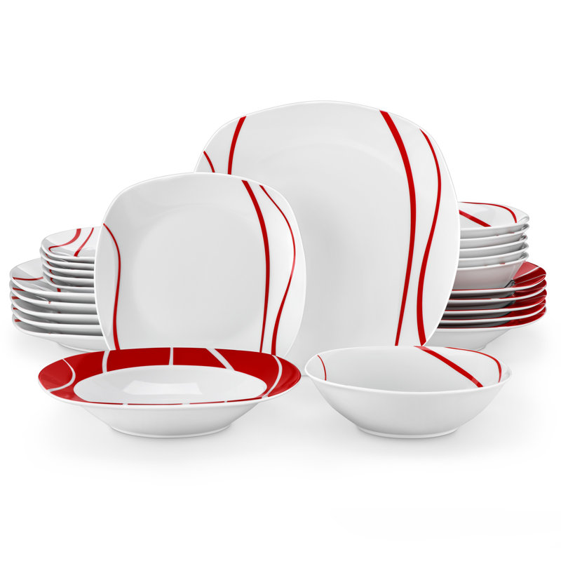 Ensemble de vaisselle 24 pièces en céramique, gris et rouge, moderne et audacieux, polyvalent et parfait pour recevoir ou offrir