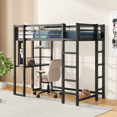 Lit mezzanine simple en métal avec bureau et tablettes intégrés