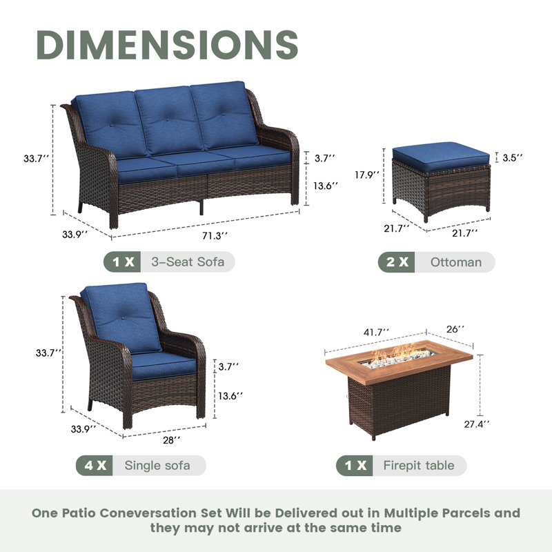 Ensemble de conversation d'extérieur en osier pour 7 personnes avec coussins, fauteuils et repose-pieds, Brun, Bleu ardoise
