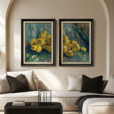 «Post penchantist nature morte jaune poires expressives», ensemble de 2 reproductions d'art encadrées de qualité supérieure sur papier 26 po x 36 po