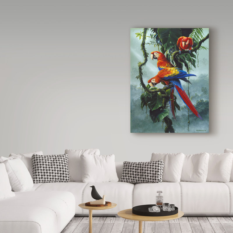 Yand «Red and Yellow Macaws», reproduction de peinture acrylique sur toile tendue, H 19 po x l 14 po x P 2 po