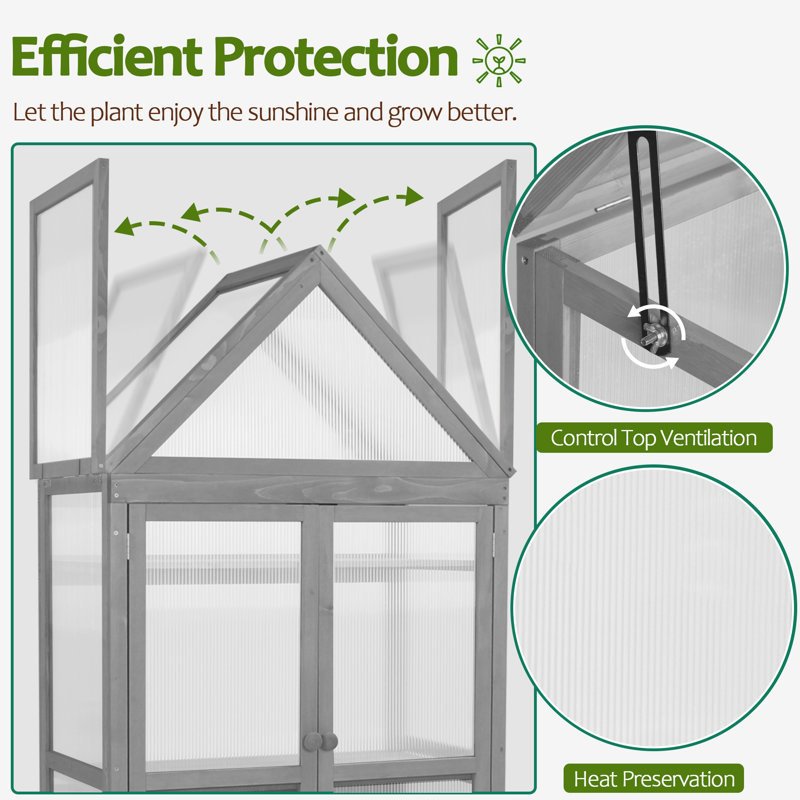 Gray Fir Wood Garden Greenhouse with Adjustable Shelf