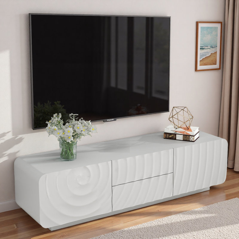 Meuble télé unique en forme de spirale avec armoires de rangement et 2 tiroirs, Blanc