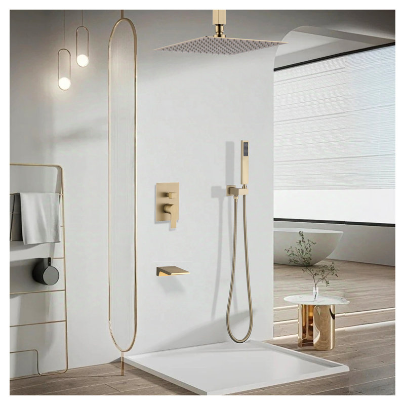 Système de douche de pluie 10 pouces avec inverseur 3 fonctions, robinet de douche en acier inoxydable doré brossé avec douchette et bec de baignoire