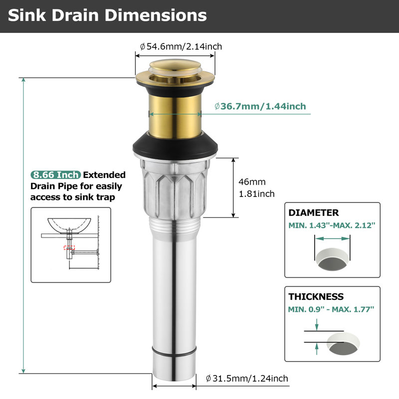 Pop-up Bathroom Sink Drain Without Overflow, Brushed Gold
