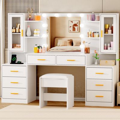 Adriel 59.1" Large Vanity Desk Table With Mirror & Lights, Power Outlet And 8 Drawers 2 Cabinets