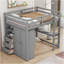 Lit mezzanine double avec garde-robe intégrée, bureau, tablettes et tiroirs de rangement, gris