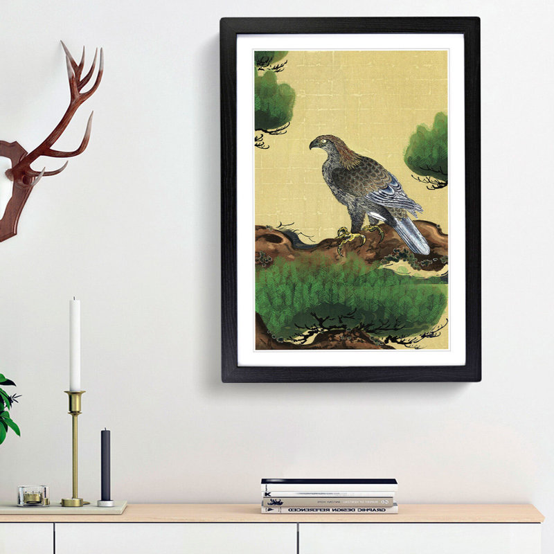 Pine Tree & Eagle by Kano Tan'yu - Picture Frame Painting Print, 36cm H x 27cm W x 2cm D, Black Framed