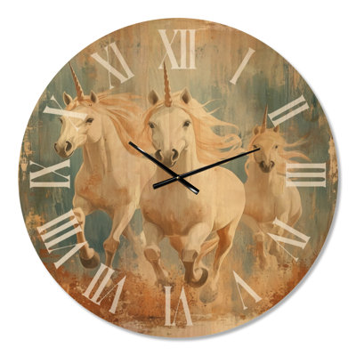 Galloping Unicorn Trio - Kids Wall Clock, Printed on Wood