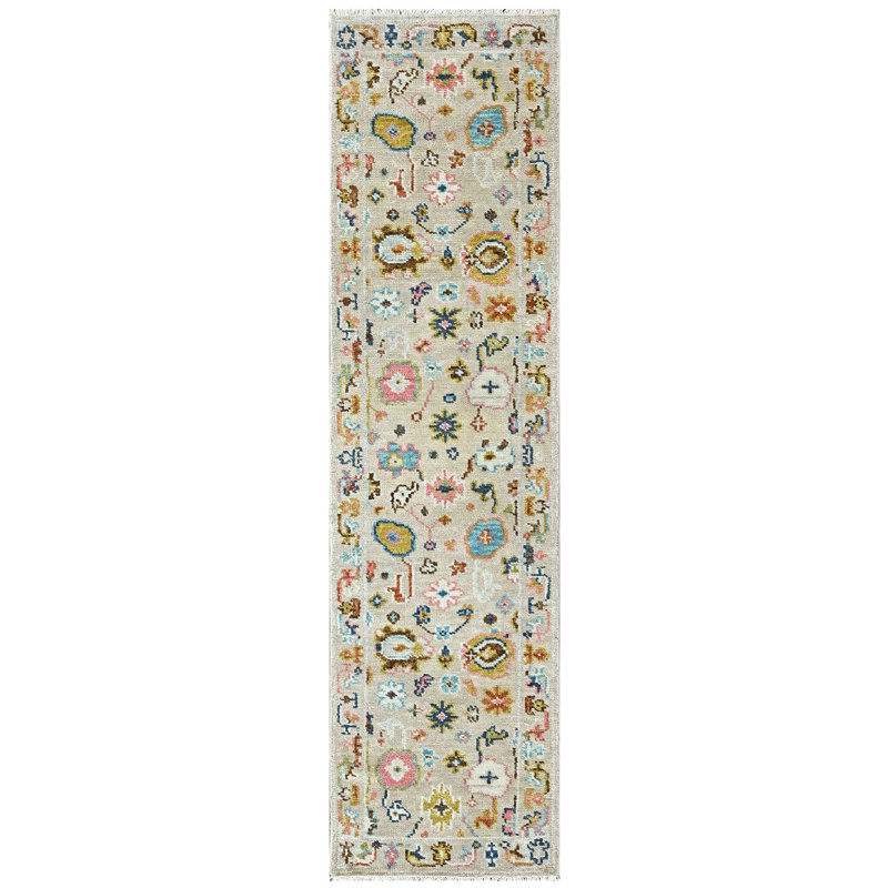 Tapis transitionnel beige en laine noué à la main 2 pi 4 po x 8 pi 11 po