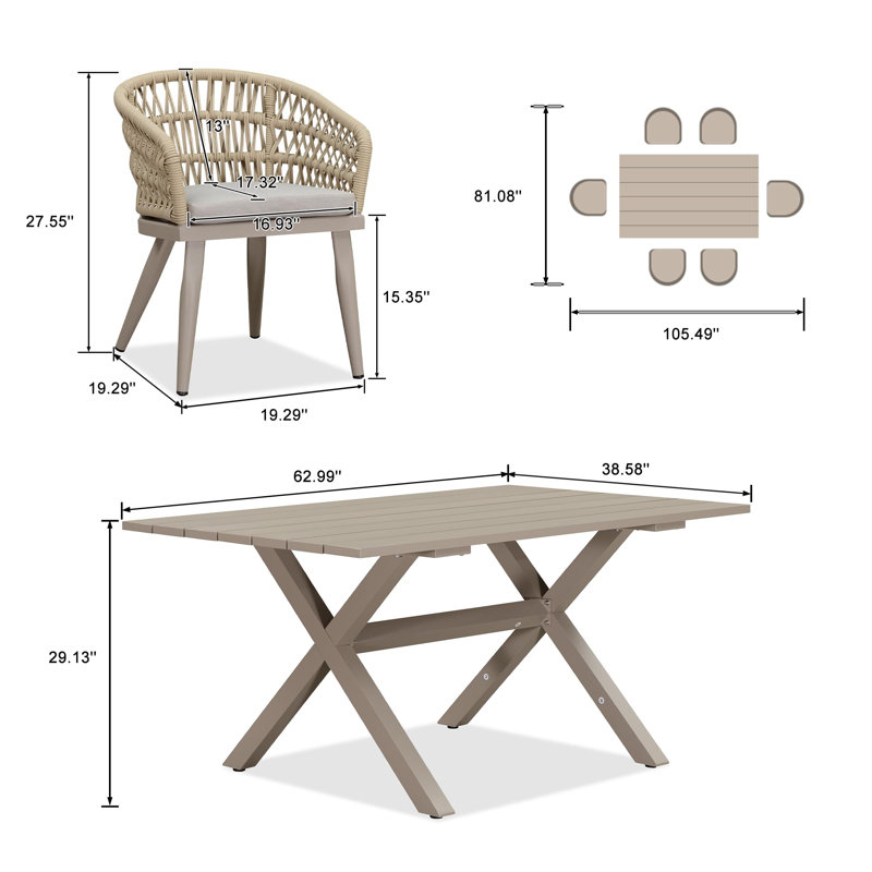 Patio Dining Set, 29.13" H x 62.99" W x 38.58" D, 6