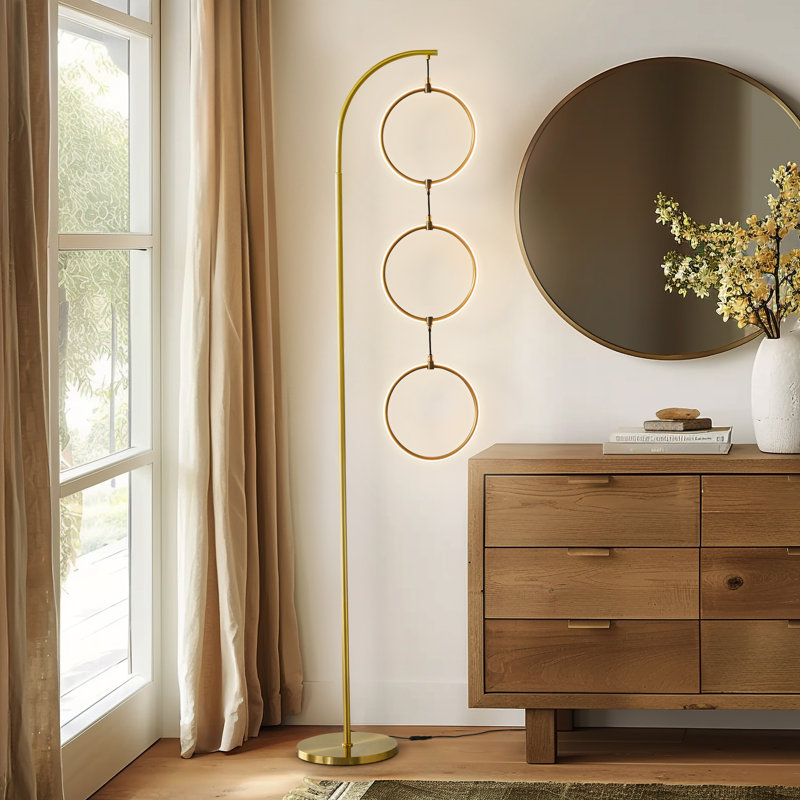Nova 74 in. Industrial Arched Standing Modern Floor Lamp with Novelty Hanging LED Halos and Built-In 3-Way Dimmer - Integrated Energy-Saving LED Light