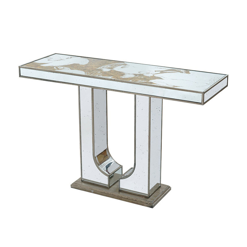 Console rectangulaire 47 po x 15,5 po x 31 po avec motif floral élégant et finition argentée miroir