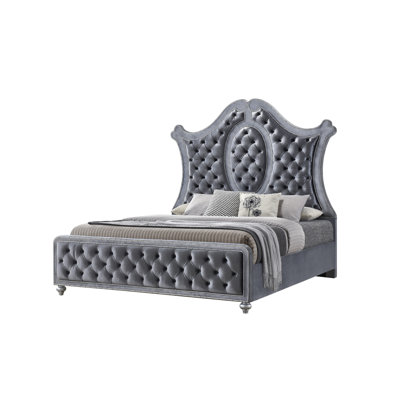 King Panel Bed with Tufted Headboard Gray Silver Upholstery and Nailhead Trim Glam Style