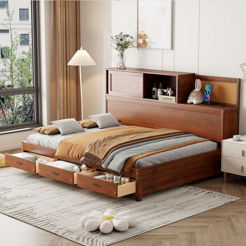 Wooden Daybed With Storage Drawers And USB Ports, Walnut