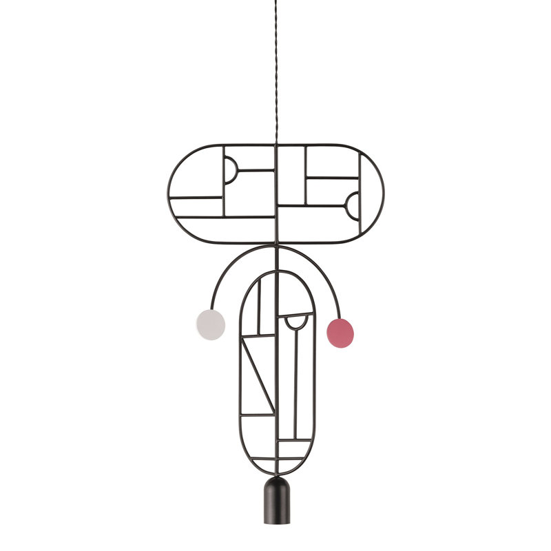 Luminaire suspendu géométrique 1 lumière H 29,5 "à pois en bois, Noir, Blanc / rose