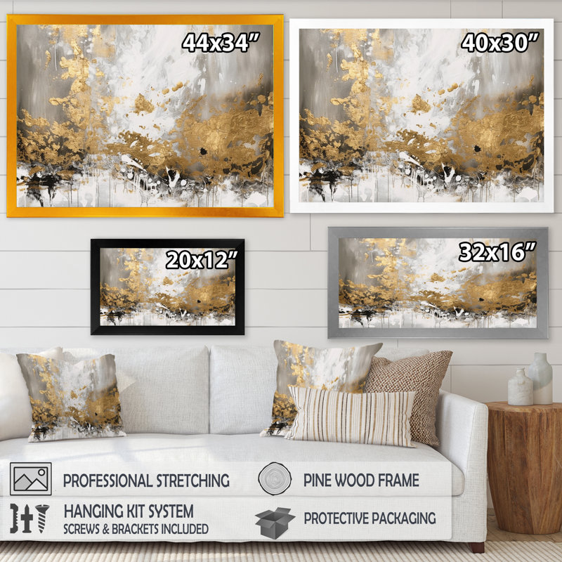 Or et blanc abstrait - art mural abstrait, Cadre simple noir, H 34 po x l 44 po x P 1,5 po