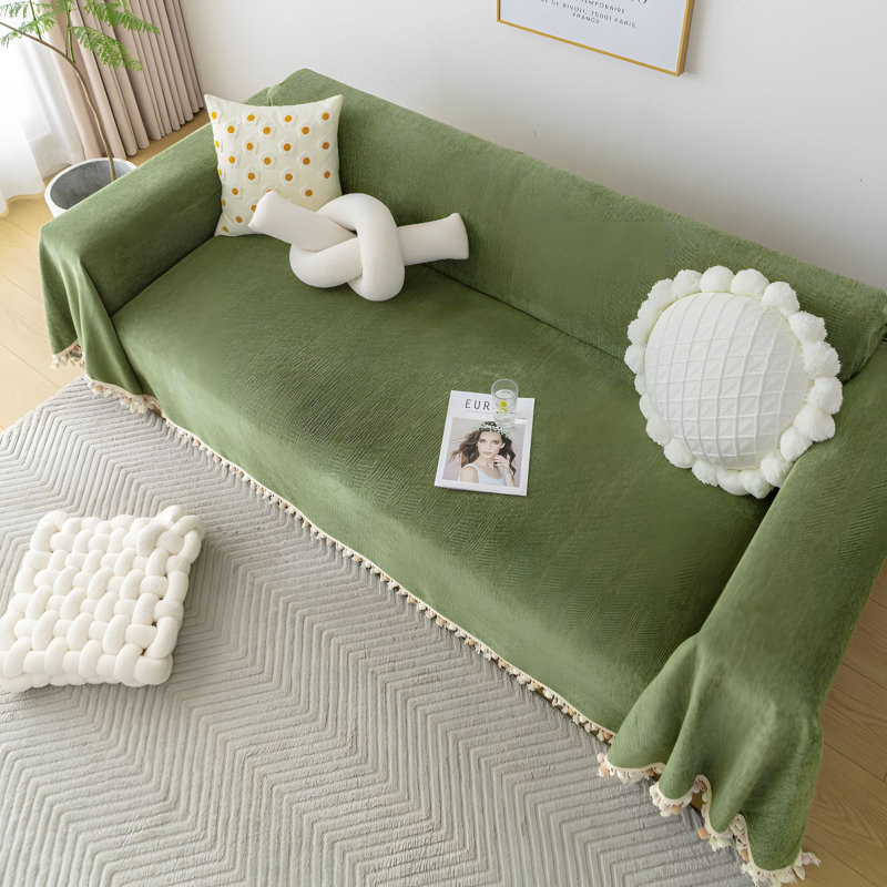 Chenille Sofa Cover With Tassel Ball, Durable, Stain Resistant