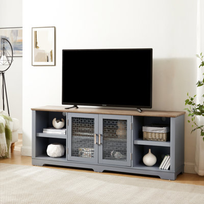 Meuble audio-vidéo bleu et chêne, pour téléviseurs de 80 po, l 70 po x P 15,56 po et H 27,15 po avec tablettes en verre et tablettes ouvertes