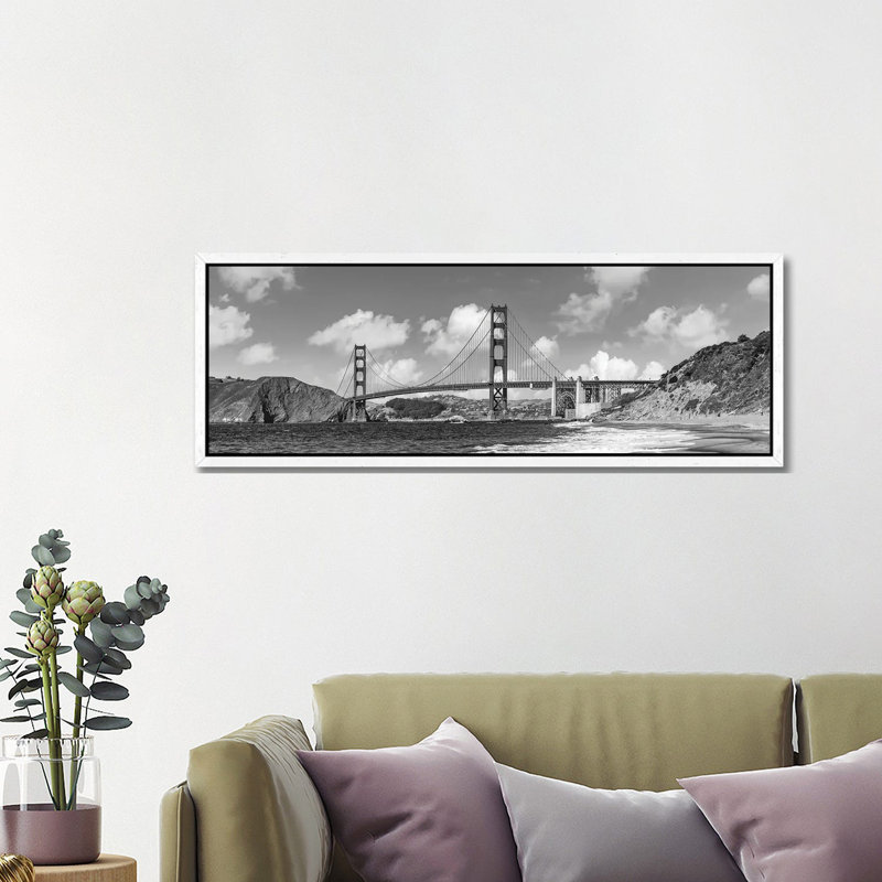 Golden Gate Bridge Baker Beach Panoramic View | Monochrome by Melanie Viola - Panoramic Print on Canvas, White Framed