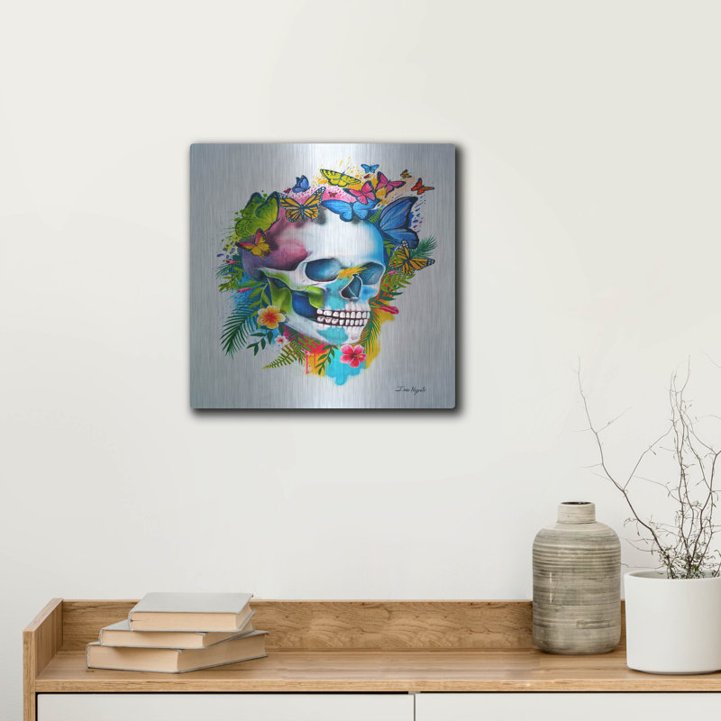 «Tropical Skull Splash» par Ivan Negrete, art mural en métal, H 12 po x l 12 po