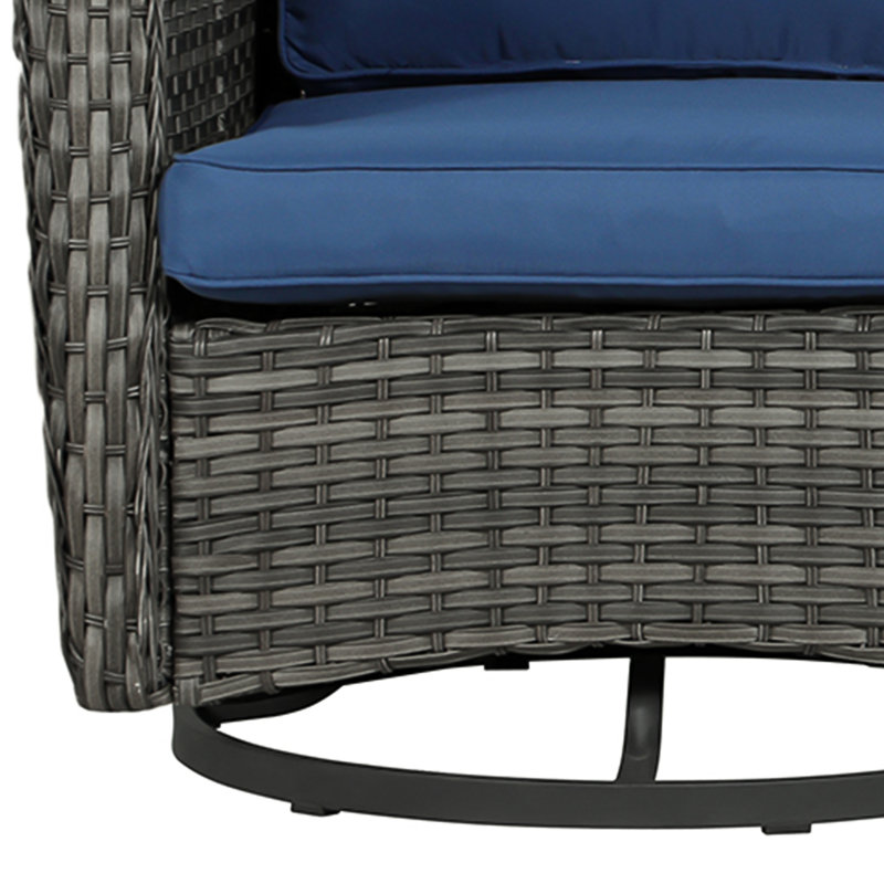 Auryanna Rattan Outdoor Furniture 2 Swivel Chairs with Waterproof Coushions and Glass Top Table Set, Brown/Gray, Blue