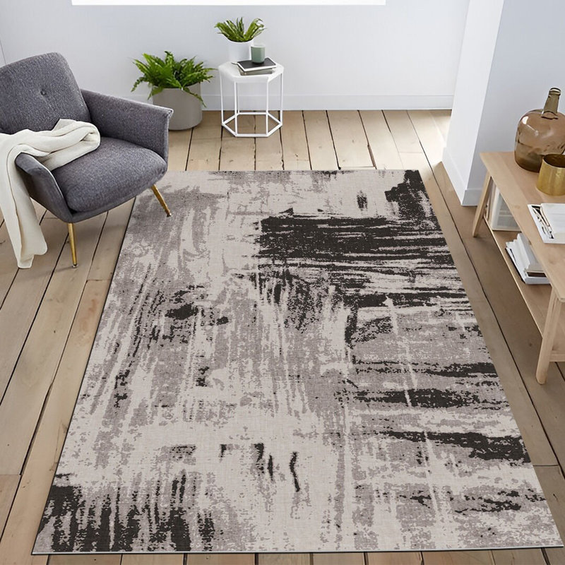 Tapis décoratif à motif abstrait noir et gris, Rectangle 3 pi 11,24 po x 5 pi 10,87 po