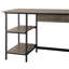 Bureau gris patiné avec 2 tablettes et décor en métal, espace de rangement