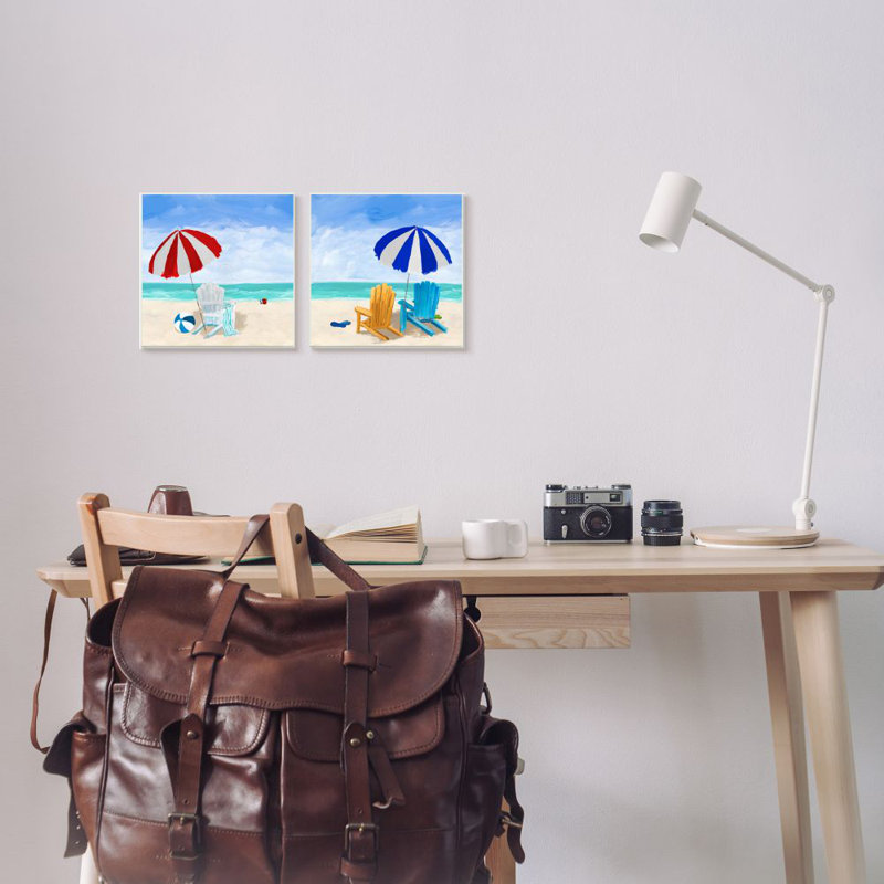 «Beach Chairs At Shore Summer Nautical Scene» par Julie Derice - ensemble de 2 impressions sur bois, Plaque murale
