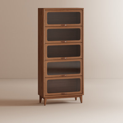 Solid Wood  Flip-Top Glass Door Bookshelf Cabinet, Mid-Century Modern Display Storage Cabinet with Leather Handles